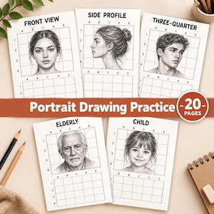 Può includere: Un set di fogli per esercitarsi nel disegno di ritratti con schizzi in bianco e nero di vari volti all'interno di un sistema a griglia. Le pagine sono etichettate Front View, Side Profile, Three-Quarter, Elderly e Child, con il testo Portrait Drawing Practice 20 Pages.