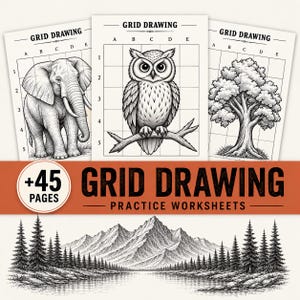 May include: Three grid drawing practice worksheets featuring an elephant, an owl, and a tree. The text reads GRID DRAWING and +45 PAGES GRID DRAWING PRACTICE WORKSHEETS. Below is a black and white illustration of a mountain range and forest.