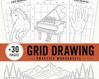 Grid Drawing Worksheets Printable | Pencil Drawing Tutorial (Digital Download)