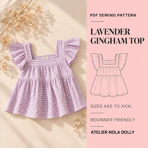Gingham Top Sewing Pattern PDF | Square Neck Ruffle Top | Babydoll Summer Blouse | Women's Easy Pattern | Sizes XXS-XXXL | Lavender