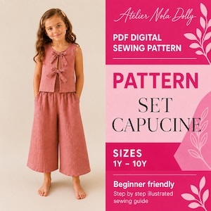 Peut inclure: Un patron de couture numérique PDF pour un ensemble nommé Capucine, disponible en tailles 1Y à 10Y. L'image montre un enfant portant un haut sans manches vieux rose avec deux nœuds sur le devant et un pantalon large assorti en tissu texturé.