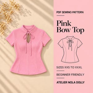 Tie Neck Blouse Sewing Pattern PDF | Pink Bow Top | Keyhole Short Sleeve Fitted Blouse | Women | Sizes XXS-XXXL