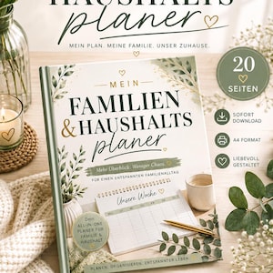 May include: A family and household planner book with a white cover featuring green leaf illustrations, gold accents, and the German text "MEIN FAMILIEN & HAUSHALTS PLANER". The cover displays a weekly schedule page, a gold pen, and 20 pages total.