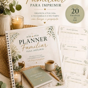 May include: A printable family planner set featuring a spiral-bound cover with the text PLANNER Familiar PARA IMPRIMIR, accompanied by monthly, task, finance, and meal planning sheets in A4 PDF format, decorated with botanical leaf illustrations.