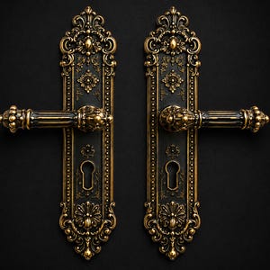 Peut inclure: Deux poignées de porte assorties avec des plaques rectangulaires ornées de filigranes dorés en relief et de motifs floraux sur un fond noir mat. Chaque poignée comprend une ouverture centrale pour serrure et un levier horizontal.