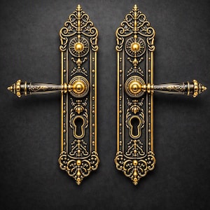 May include: Two matching door handles with long, rectangular backplates featuring intricate gold-toned filigree and scrollwork patterns against a dark, textured background. Each handle includes a central lever, a circular knob, and a keyhole cutout.