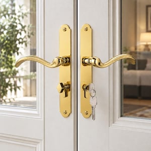 May include: A pair of polished gold-tone brass door handles mounted on white double doors. Each handle features a curved lever, a long rectangular backplate with rounded ends, and visible screws. One handle includes a thumb turn, the other a key.