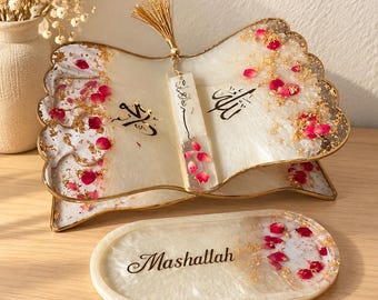 Handmade Floral Resin Quran Stand Set, Pearl White Rose Gold Rehal, Bookmark and Tray