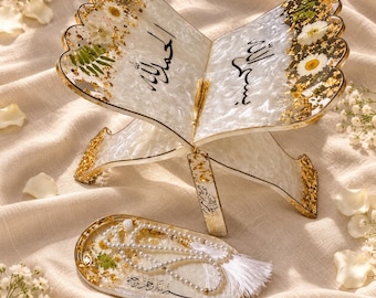 Handgefertigtes Koranständer-Set aus Kunstharz mit Gänseblümchenmotiv, Lesezeichen und Tablett mit perlmuttweißem und goldenem Blumenmuster (islamisches Geschenk)
