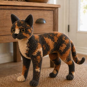 Puede incluir: Una figura de gato tejida a ganchillo con un patrón de carey en tonos gris oscuro, naranja quemado y crema. El animal de peluche tiene orejas puntiagudas, el pecho de color crema y ojos de plástico oscuros, en posición de pie.