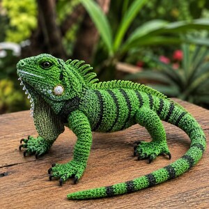 Op de afbeelding: Een gehaakt leguaanfiguur gemaakt van felgroen garen met donkere zwarte horizontale strepen langs het lichaam en de staart. Het wezen heeft een getextureerd oppervlak, een prominente keelzak onder de kin, rugstekels en een witte cirkelvormige vlek.