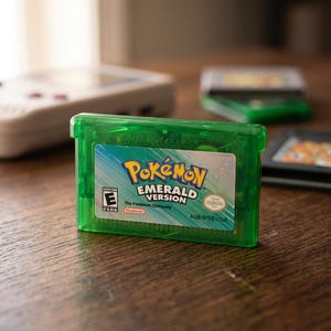 Może przedstawiać: Półprzezroczysty zielony kartridż z grą wideo na konsolę Game Boy Advance, Pokémon Emerald Version. Etykieta zawiera tytuł gry, klasyfikację ESRB E, logo Nintendo oraz napis AGB-BPEE-USA. Kartridż jest ustawiony w pozycji pionowej.