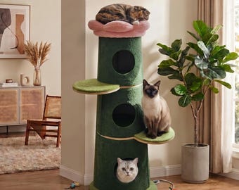 Modern Cat Tree Tower with 3 Condos, Multi Level Cat Furniture, Aesthetic Cat Tower with Flower Perch, Scratching Post, Indoor Cat House