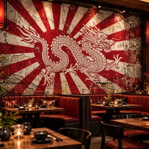 Könnte beinhalten: Ein Restaurantinterieur mit einem großen Wandgemälde eines weißen Drachen auf einem rot-weißen Sonnenstrahlenhintergrund. Der Raum umfasst dunkle Holztische, rote Ledersitzbänke und hängende rote Laternen für eine warme Beleuchtung.