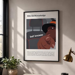 May include: A framed wall art print titled Elite Ball Knowledge featuring a graphic illustration of a person in a hat pointing forward from a car seat with the text ball knower and a dictionary-style definition printed below the image.