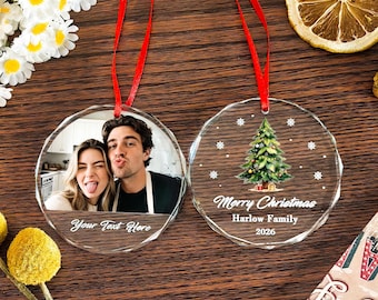 Adorno fotográfico personalizado, cristal redondo personalizado con foto y nombre, adorno de cristal para árbol de Navidad, regalos para parejas, decoración colgante.