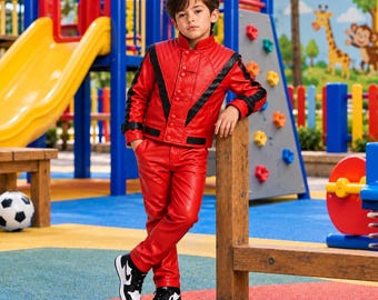 Thriller Michael Jackson Red Leather Kids Jacket & Pant Costume 1980s Pop Star Outfit Handmade