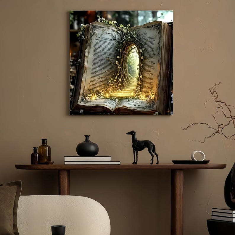 May include: A square wall art print featuring an open book with pages that form a glowing archway leading into a forest path. The scene is decorated with intertwined branches and small white flowers, with warm light emanating from the center.