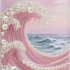 May include: A textured wall art piece depicting a crashing ocean wave rendered in shades of pink and white. The wave is embellished with numerous white and pink spherical beads and pearls of varying sizes, set against a soft pink sky and sea.