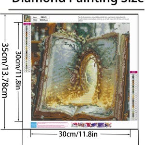 May include: A square diamond painting kit featuring an open book design with a color-coded legend on the sides. The total dimensions are 35cm by 35cm, or 13.78 inches by 13.78 inches, with a printed design area of 30cm by 30cm, or 11.8 inches by 11.8 inches.