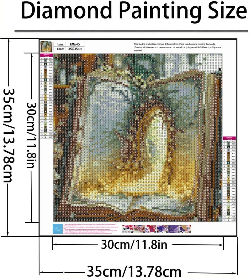 May include: A square diamond painting kit featuring an open book design with a color-coded legend on the sides. The total dimensions are 35cm by 35cm, or 13.78 inches by 13.78 inches, with a printed design area of 30cm by 30cm, or 11.8 inches by 11.8 inches.