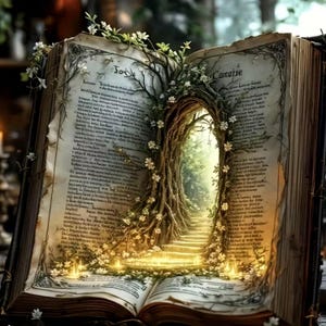 May include: An open book with aged, cream-colored pages featuring black printed text. A three-dimensional archway made of twisted brown roots and vines emerges from the center, adorned with small white flowers and leading to a glowing staircase.