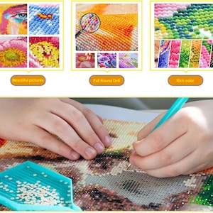 May include: A diamond painting kit featuring a canvas with a grid of adhesive dots, a turquoise applicator tool, and a matching turquoise tray filled with small, multi-colored round resin drills. The image includes labels for beautiful pictures, full round drill, and rich color.