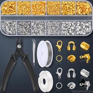 May include: A jewelry making kit featuring a clear plastic organizer box filled with gold and silver tone findings, including jump rings, crimp beads, and clasps. Also included are black pliers, silver tweezers, and two spools of wire.