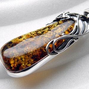 Baltic Amber Sterling Silver Pendant MOSS Inclusion, Fossil, Natural Golden Amber, Silver Leaf, Impressive Pendant, Elegant and Chic, Gift
