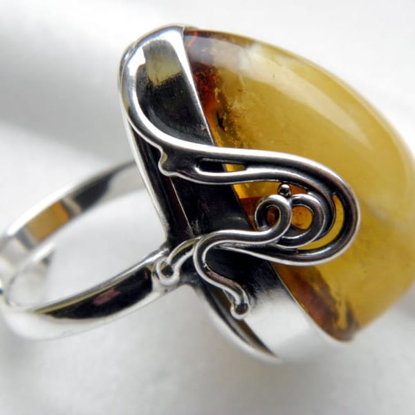 Baltic Amber Sterling Silver Ring Adjustable One Size, Natural Amber, Yellow Amber, Modern Style, Teardrop Shape, Chic, Perfect Gift