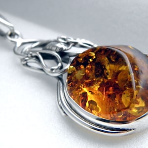 Baltic Amber Sterling Silver Pendant, Natural Golden Amber, Like a Cognac, Pure and Bright, Silver Leaf, Romantic Design, Pefect Gift