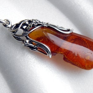 Baltic Amber Sterling Silver Pendant, Natural Amber, Cognac Amber, Caramel, Silver Leaf, Elegant Pendant