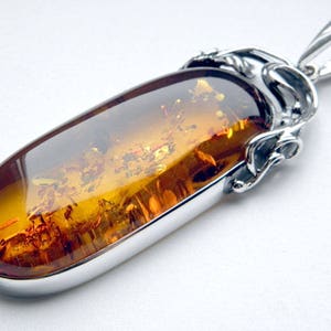 Baltic Amber Sterling Silver Pendant, Natural Golden Amber, Silver Leaf, Impressive Pattern, Romantic Style, Perfect Gift