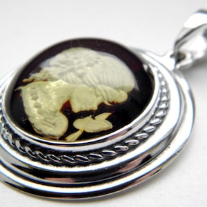 Hand Carved Baltic Amber Sterling Silver Cameo Pendant, Natural Amber, Lady Pendant, Woman and Flower, Amber Gift, Best Gift