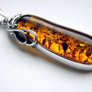 Baltic Amber Sterling Silver Pendant, Natural Golden Amber, Impressive Gemstone, Minimalist Style, Modern Pattern, Perfect Gift