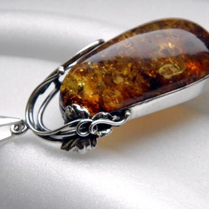 Baltic Amber Sterling Silver Pendant MOSS Inclusion, Fossil, Natural Amber, Golden Amber, Silver Leaf, Perfect Gift, Amber Jewelry