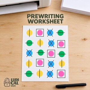 May include: A prewriting worksheet featuring a grid of colorful shapes including yellow, pink, blue, and green circles. Some shapes are enclosed in black squares, while others are marked with black vertical or horizontal lines or an X.