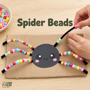 May include: A craft project featuring a black paper spider with a smiling face and pink cheeks, attached to cardboard. Eight black pipe cleaner legs are decorated with colorful plastic beads. The text Spider Beads is visible.
