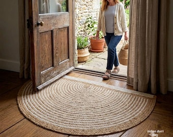 Half Moon Jute Doormat - Handwoven Braided Indoor Outdoor Rug, Washable Entryway Mat