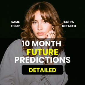 May include: A person with shoulder-length brown hair and bangs wearing a white collared shirt, gold rings, and a colorful beaded bracelet. Text reads: SAME HOUR, EXTRA DETAILED, 10 MONTH FUTURE PREDICTIONS, DETAILED. The background is solid black.