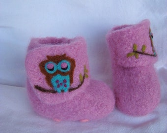 Baby felt slippers "Owl" with Velcro. With latex sole. Color freely selectable. Size 17 to size 22