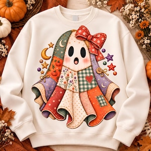 Patchwork-Geist (PNG), Faux-Patchwork-Geist, niedlicher Halloween-Geist (PNG), Herbst-Download