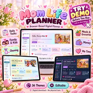 May include: A digital Mom Life Planner displayed on a laptop and two tablets. The interface features sections for daily tasks, family, meals, and money. Text includes Mom Life Planner, Try Demo, Daily Tasks, Meals & Groceries, and 36 Themes.