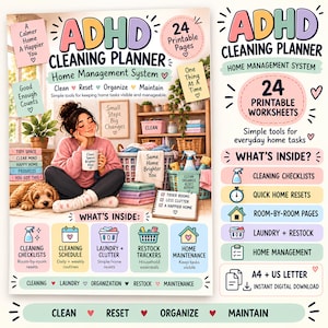 Può includere: Un sistema di gestione domestica ADHD cleaning planner con 24 pagine stampabili. La copertina mostra una persona con un cane, prodotti per la pulizia e testo che include 'Clean, Reset, Organize, Maintain' ed elenchi dei contenuti.