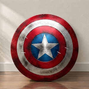 May include: A circular shield featuring a central silver star on a blue background, surrounded by alternating rings of silver and red. The surface has a weathered, distressed finish with visible scuff marks and metallic textures throughout the design.