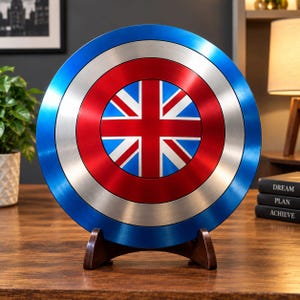Puede incluir: Un escudo circular de metal con un diseño concéntrico que presenta un anillo exterior azul, un anillo central plateado y un círculo interior rojo con el patrón de la bandera Union Jack, sobre un soporte de madera marrón oscuro.