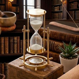 May include: A brass hourglass with a clear glass bulb containing white sand, supported by a frame featuring a ship's wheel base with an integrated compass. The structure is held by vertical rods and circular plates, showcasing a metallic finish.