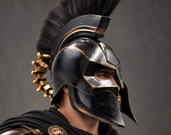Black Spartan Corinthian Helmet | Greek Warrior Armor Costume | Cosplay & Display Headpiece gift for him.