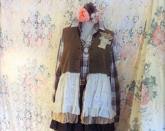 Houndstooth Tweed Altered Couture Vest, Vintage Lace Vest, Ecofriendly Clothing, Art to Wear, Gypsy Boho Chic, Mori Girl Plus size 14