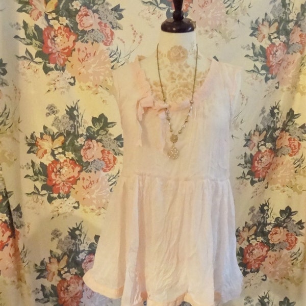 Shabby Chic Blush Pink Baby Doll Top, Bohemian Gypsy, Mori Girl, Romantic Tunic,  Altered Couture Tunic, M/L Bertha Louise Designs